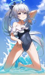 Rule 34 | 1girl, :3, absurdres, arm behind head, bare shoulders, barefoot, beach, blue archive, blue bow, blue eyes, blue one-piece swimsuit, blue sky, bow, breasts, closed mouth, cloud, collarbone, commentary, covered navel, day, frilled one-piece swimsuit, frills, grey hair, hair bow, halo, highres, kneeling, legs apart, medium breasts, miyako (blue archive), miyako (swimsuit) (blue archive), momocadraw, ocean, official art, one-piece swimsuit, outdoors, ponytail, sand, sky, smile, solo, sunlight, swimsuit, thighs, waves