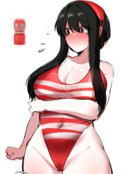 Rule 34 | 1girl, absurdres, black hair, blush, breasts, censored, cleavage, commentary, covered navel, cowboy shot, flying sweatdrops, frown, hairband, highleg, highleg swimsuit, highres, kurenaiz (kuayrenaiz), large breasts, long hair, mosaic censoring, one-piece swimsuit, red eyes, red hairband, red one-piece swimsuit, sidelocks, solo, spy x family, striped clothes, striped one-piece swimsuit, swimsuit, tenga, twitter username, yor briar