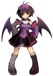 Rule 34 | 1girl, bat wings, boots, copyright request, detached sleeves, hands on own hips, hat, kawasumi, kawasumi (japonica), legs apart, looking at viewer, parted lips, short hair, simple background, solo, standing, white background, wings