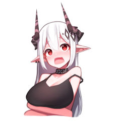 Rule 34 | absurdres, arknights, beudelb, blush, breasts, crossed arms, embarrassed, highres, horns, infection monitor (arknights), large breasts, looking at viewer, mudrock (arknights), mudrock (elite ii) (arknights), open mouth, pointy ears, red eyes, simple background, solo, sports bra, tagme, tears, white background, white hair