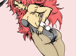 Rule 34 | 1girl, animal ears, ass, bad id, bare shoulders, bb (baalbuddy), breasts, fake animal ears, from behind, inactive account, leotard, long hair, muscular, pantyhose, playboy bunny, queen&#039;s blade, rabbit ears, rabbit tail, red hair, risty (queen&#039;s blade), risty (queen's blade), sideboob, simple background, solo, tail, wilderness bandit risty, wrist cuffs