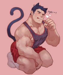 Rule 34 | 1boy, :q, absurdres, animal ears, bara, bare shoulders, black tank top, blue hair, blush, cat boy, cat ears, cat tail, commentary request, covered erect nipples, dark blue hair, guoguo, heart, highres, large pectorals, long sideburns, looking at viewer, male focus, muscular, muscular male, one eye closed, original, paw pose, pectoral cleavage, pectorals, red shorts, short hair, shorts, sideburns, sidepec, socks, solo, tail, tail raised, tank top, tongue, tongue out, whiskers