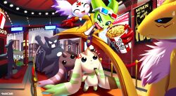Rule 34 | absurdres, agumon, blue eyes, culumon, digimon, fangs, happy, highres, horns, looking at another, lopmon, renamon, silhouette, smile, terriermon, the mask, zero unit