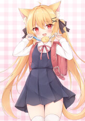 Rule 34 | 1girl, animal ear fluff, animal ears, backpack, bag, black ribbon, blonde hair, blue dress, blush, cat ears, cat girl, cat tail, collared shirt, commentary request, commission, cosplay, cowboy shot, crime prevention buzzer, dress, fang, hair between eyes, hair ribbon, highres, long hair, long sleeves, looking at viewer, mochizuki riku, neck ribbon, open mouth, original, pinafore dress, pink background, plaid, plaid background, pleated dress, randoseru, red bag, red eyes, red ribbon, ribbon, shigure ui (vtuber), shigure ui (vtuber) (cosplay), shigure ui (vtuber) (young), shirt, shukusei!! loli-gami requiem, skeb commission, sleeveless, sleeveless dress, solo, tail, thighhighs, twintails, very long hair, white shirt, white thighhighs
