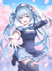 Rule 34 | 1girl, alternate costume, artist name, black footwear, black thighhighs, blue bow, blue bowtie, blue eyes, blue hair, blue hat, blue shirt, blue skirt, blue sky, blush, bow, bowtie, breasts, cherry blossoms, commentary request, frilled skirt, frills, hand on headwear, hand up, hat, hatsune miku, highres, hinata mizuiro, jumping, looking at viewer, medium breasts, open mouth, outdoors, outstretched hand, pleated skirt, shirt, skirt, sky, smile, solo, thighhighs, tree, twintails, vocaloid