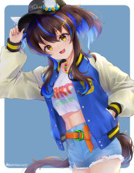Rule 34 | 1girl, absurdres, alternate costume, animal ears, bead necklace, beads, belt, blue background, blue hair, blue jacket, border, brown hair, colored inner hair, commentary request, cowboy shot, cropped shirt, daitaku helios (umamusume), denim, denim shorts, ear covers, ears through headwear, facial tattoo, hair between eyes, hand in pocket, hand on headwear, highres, horse ears, horse girl, hose, jacket, jewelry, long sleeves, looking at viewer, medium hair, midriff, multicolored hair, navel, necklace, open mouth, outside border, peteron, ponytail, puffy sleeves, shirt, shorts, smile, solo, streaked hair, tattoo, twitter username, umamusume, white border, white shirt