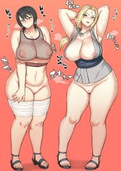 Rule 34 | 2girls, armpits, arms behind head, bandages, black hair, blonde hair, blonde pubic hair, blush, bottomless, breasts, censored, curvy, facial mark, fishnets, full body, heroherotom, huge breasts, japanese clothes, looking at viewer, low ponytail, multiple girls, nail polish, naruto, naruto (series), nipples, plump, pussy, pussy juice, see-through, shizune (naruto), short hair, smell, smile, standing, sweat, thick thighs, thighs, tsunade (naruto), wide hips