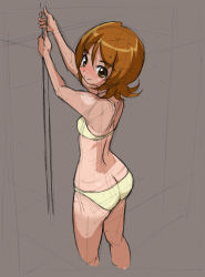 Rule 34 | 10s, 1girl, ass, bikini, blush, brown eyes, brown hair, butt crack, grey background, happinesscharge precure!, looking at viewer, looking back, oomori yuuko, pole, precure, rohitsuka, short hair, simple background, sketch, smile, solo, swimsuit, yellow bikini