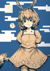 Rule 34 | 1girl, ?, animal ears, arms behind back, blue background, cloud, commentary request, cowboy shot, crescent, dress, earclip, frilled dress, frilled sleeves, frills, hakurohokuto, highres, holding, kine, limited palette, long hair, looking at viewer, mallet, moon, rabbit ears, seiran (touhou), short dress, short sleeves, solo, spoken question mark, star (symbol), touhou