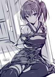 Rule 34 | 1girl, armor, bad id, bad pixiv id, bdsm, black thighhighs, blush, bondage, bound, closed mouth, hair between eyes, highres, kaga (kancolle), kantai collection, kobayashi chisato, long hair, long sleeves, looking at viewer, monochrome, side ponytail, sitting, solo, thighhighs, thighs, window