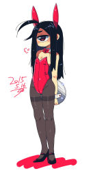 Rule 34 | 1girl, :/, puff of air, ahoge, animal ears, arms behind back, bare shoulders, black footwear, black hair, blush stickers, bow, bowtie, breasts, cleavage, closed mouth, cyclops, dated, detached collar, fake animal ears, flat chest, full body, grey pantyhose, high heels, highleg, highleg leotard, highres, holding, holding tray, huge ahoge, leotard, long hair, muku-chan (muroku), muroku (aimichiyo0526), one-eyed, original, pantyhose, playboy bunny, rabbit ears, red bow, red bowtie, red eyes, red leotard, signature, simple background, solo, standing, strapless, strapless leotard, thigh gap, thighband pantyhose, tray, white background, wrist cuffs