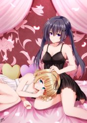Rule 34 | 2018, 2girls, bed sheet, black dress, black hair, black hairband, black ribbon, blonde hair, blue eyes, breasts, cherry blossoms, cleavage, closed mouth, collarbone, curtains, dated, dress, gochuumon wa usagi desu ka?, hair ornament, hair ribbon, hairband, hairclip, hand on another&#039;s head, highres, hinata tino, kirima syaro, long hair, lying, medium breasts, multiple girls, nightgown, on bed, on side, parted lips, ribbon, short dress, short hair, signature, sleeveless, sleeveless dress, small breasts, tedeza rize, twintails, very long hair, white dress