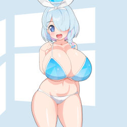 Rule 34 | 1girl, aged up, alternate breast size, arona (blue archive), bikini, blue archive, blue bikini, blue eyes, blue hair, blush, braid, breasts, curvy, hair over one eye, hairband, halo, highres, huge breasts, light blue hair, medium hair, navel, open mouth, shirogane hakuba, shortstack, side braid, smile, solo, stomach, swimsuit, thick thighs, thighs