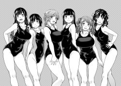 Rule 34 | 6+girls, :d, amagami, arms behind back, ayatsuji tsukasa, blush, breasts, curly hair, drill hair, fukudahda, greyscale, groin, hand on own hip, hands on own hips, highres, large breasts, long hair, looking at viewer, monochrome, morishima haruka, multiple girls, nakata sae, nanasaki ai, one-piece swimsuit, open mouth, sakurai rihoko, school swimsuit, short hair, small breasts, smile, swimsuit, tanamachi kaoru, twintails
