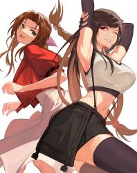 Rule 34 | 2girls, absurdres, aerith gainsborough, arm up, armpits, bare arms, black gloves, black hair, black skirt, black sports bra, black thighhighs, braid, braided ponytail, breasts, brown hair, commentary, crop top, cropped jacket, dress, elbow gloves, final fantasy, final fantasy vii, final fantasy vii rebirth, final fantasy vii remake, fingerless gloves, gloves, green eyes, hair ribbon, highres, jacket, large breasts, long hair, looking at viewer, low-tied long hair, midriff, multiple girls, navel, one eye closed, parted bangs, pink dress, pink ribbon, red eyes, red jacket, ribbon, skirt, smile, sports bra, suspender skirt, suspenders, swept bangs, tank top, temoc, thighhighs, tifa lockhart, white background, white tank top, zettai ryouiki