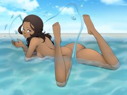 Rule 34 | 1girl, ass, avatar: the last airbender, avatar legends, back, barefoot, blue eyes, breasts, brown hair, butt crack, closed mouth, cloud, completely nude, convenient censoring, dark-skinned female, dark skin, day, deviantart username, feet, feet up, from behind, full body, huge ass, katara, lalox, looking at viewer, looking back, lying, medium breasts, naughty face, nickelodeon, nude, on stomach, outdoors, pool, sideboob, sky, smile, spread legs, the pose, thighs, toes, water drop
