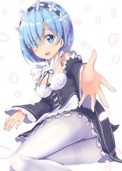 Rule 34 | 10s, 1girl, :d, apron, arm support, ass, blue eyes, blue hair, breasts, cleavage, detached sleeves, dress, frilled dress, frilled sleeves, frills, gurande (g-size), hair ornament, hair over one eye, highres, looking at viewer, lying, maid, maid headdress, matching hair/eyes, on side, open mouth, outstretched arm, pantyhose, petals, re:zero kara hajimeru isekai seikatsu, rem (re:zero), small breasts, smile, solo, underbust, white background, white pantyhose, x hair ornament