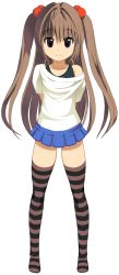 Rule 34 | 1girl, blue skirt, brown hair, collarbone, flat chest, full body, hair ornament, highres, light smile, long hair, looking at viewer, microskirt, off shoulder, otaku to musume-san, pleated skirt, purple hair, short sleeves, skirt, smile, standing, striped clothes, striped thighhighs, thighhighs, yone kinji