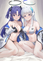 Rule 34 | 2girls, alternate costume, bikini, black bikini, blue archive, blush, breasts, cleavage, closed mouth, collarbone, grey hair, halo, highres, isegawa yasutaka, jacket, large breasts, long hair, long sleeves, looking at viewer, mechanical halo, medium breasts, multiple girls, navel, noa (blue archive), open mouth, purple eyes, purple hair, sideboob, smile, stomach, swimsuit, two-sided fabric, two-sided jacket, two side up, white bikini, white jacket, yuuka (blue archive)