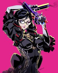 Rule 34 | 1girl, bayonetta, bayonetta (series), bayonetta 3, black hair, braid, clothing cutout, datcravat, earrings, eyeshadow, glasses, gloves, highres, jewelry, lipstick, long hair, looking at viewer, makeup, mole, mole under mouth, multicolored hair, red hair, ribbon, simple background, smile, solo, streaked hair, twin braids, weapon
