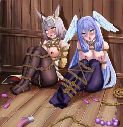 Rule 34 | 2girls, anal beads, animal ear fluff, animal ears, blue eyes, blue hair, bound, breasts, breasts out, captured, dildo, grey hair, head wings, melia antiqua, multiple girls, nia (xenoblade), nipple clamps, nipples, rope, sex toy, tongue, tongue out, vibrator, wings, xenoblade chronicles (series), xenoblade chronicles 3, yellow eyes