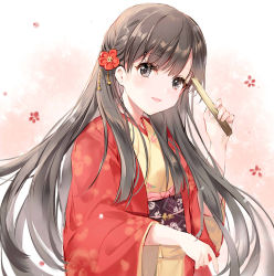 Rule 34 | 1girl, black hair, brown kimono, commentary request, floral background, floral print, flower, folded fan, folding fan, grey eyes, hair flower, hair ornament, hand fan, hand up, holding, holding fan, idolmaster, idolmaster cinderella girls, japanese clothes, kimono, kobayakawa sae, long hair, long sleeves, looking at viewer, obi, open clothes, parted lips, pf, print kimono, red flower, sash, smile, solo, very long hair, wide sleeves