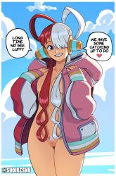Rule 34 | 1girl, blue sky, breasts, cleft of venus, cloud, english text, female pubic hair, grin, hair over one eye, headphones, highres, jacket, medium breasts, multicolored hair, naked jacket, one piece, one piece film: red, pubic hair, purple eyes, pussy, red hair, sky, smile, solo, speech bubble, standing, suoiresnu, twitter username, two-tone hair, uta (one piece), white hair