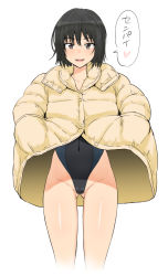 Rule 34 | 1girl, amagami, black hair, black one-piece swimsuit, bob cut, brown coat, brown eyes, coat, coat lift, collarbone, commentary, competition swimsuit, cowboy shot, gluteal fold, groin, hair strand, hands in pockets, heart, henriiku (ahemaru), highleg, highleg swimsuit, hood, hood down, looking at viewer, messy hair, nanasaki ai, one-piece swimsuit, short hair, simple background, smile, solo, speech bubble, spoken heart, standing, swimsuit, swimsuit under clothes, thigh gap, translated, white background
