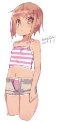 Rule 34 | 1girl, bare arms, bare shoulders, bikini, bikini bottom only, blush, breasts, brown eyes, brown hair, brown shorts, camisole, closed mouth, collarbone, cropped legs, dated, maze (gochama ze gohan), midriff, navel, open clothes, open fly, open shorts, original, pink bikini, short hair, short shorts, shorts, signature, simple background, sketch, small breasts, solo, striped camisole, swimsuit, tan, tanline, white background