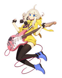 Rule 34 | 1girl, ahoge, animal hood, ankle boots, black gloves, black thighhighs, blue eyes, blue footwear, boots, bow, cable, electric guitar, fender (company), fender stratocaster, fingerless gloves, gloves, grey hair, guitar, highres, hood, hood down, hood removed, hoodie, instrument, jumping, looking at viewer, ni02 (asahi nini), original, plectrum, pom pom (clothes), rabbit hood, simple background, solo, thighhighs, white background