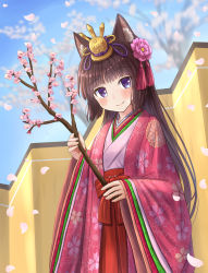 Rule 34 | 1girl, animal ear fluff, animal ears, black hair, blue eyes, blue sky, blush, branch, cat ears, closed mouth, commentary request, day, flower, hair flower, hair ornament, hakama, hakama skirt, headpiece, highres, holding, holding branch, iroha (iroha matsurika), japanese clothes, karaginu mo, kimono, layered clothes, layered kimono, long hair, long sleeves, looking at viewer, mutsuki (iroha (iroha matsurika)), open clothes, original, outdoors, petals, pink flower, pink kimono, red hakama, skirt, sky, sleeves past wrists, smile, solo, very long hair, wide sleeves