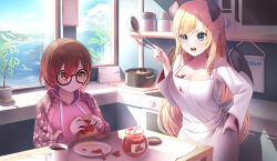 Rule 34 | 2girls, absurdres, apron, blonde hair, blue eyes, brown eyes, brown hair, coffee cup, cup, demon girl, demon horns, demon wings, disposable cup, future cake, glasses, hand on own hip, heart, heart tattoo, highres, holding, holding spatula, hololive, hood, hoodie, horns, jam, long hair, multiple girls, official alternate costume, open mouth, pink hoodie, pointy ears, roboco-san, roboco-san (hoodie), short hair, spatula, tattoo, teardrop-framed glasses, teeth, upper teeth only, virtual youtuber, white apron, winged heart tattoo, wings, yuzuki choco