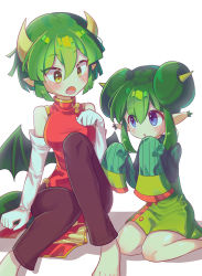 Rule 34 | 2girls, absurdres, barefoot, black pants, blue eyes, breasts, china dress, chinese clothes, double bun, draco centauros, dragon girl, dragon horns, dragon tail, dragon wings, dress, elbow gloves, fang, gloves, green hair, hair bun, highres, horns, lidelle (puyopuyo), long sleeves, looking at another, medium breasts, multiple girls, offbeat, pants, pointy ears, puyopuyo, red dress, short hair, sitting, sleeveless, sleeveless dress, sleeves past wrists, tail, white gloves, wings, yellow eyes
