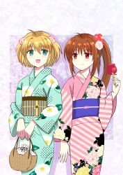 Rule 34 | 2girls, :d, ahoge, aqua eyes, aqua kimono, blonde hair, blush, brown eyes, brown hair, candy apple, closed mouth, commentary request, drop shadow, eyelashes, eyes visible through hair, feet out of frame, floral print, flower, food, grey background, hair between eyes, hair flower, hair ornament, hand up, highres, holding, holding food, japanese clothes, kamikita komari, kanzashi, kimono, little busters!, long hair, long sleeves, looking at another, multiple girls, natsume rin, open mouth, pink flower, pink kimono, piyo (kinkooo333), ponytail, purple background, red flower, short hair, side-by-side, sidelocks, simple background, smile, standing, two-tone background, two side up, v arms, wide sleeves, yukata
