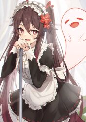 Rule 34 | 1girl, :d, alternate costume, apron, black dress, black nails, blush, boo tao (genshin impact), brown hair, commentary request, dress, fang, flower, frills, genshin impact, ghost, hair between eyes, hair flower, hair ornament, highres, hu tao (genshin impact), long hair, long sleeves, looking at viewer, maid, maid day, maid headdress, open mouth, puffy sleeves, red eyes, red flower, smile, solo, symbol-shaped pupils, twintails, very long hair, white apron, yutoriko (candy0905)