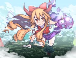 Rule 34 | 1girl, blush, bow, closed mouth, commentary request, day, furorina, giant, giantess, gourd, hair bow, holding, horn bow, horn ornament, horns, huge giantess, ibuki suika, long hair, nature, orange eyes, orange hair, outdoors, purple bow, purple skirt, red bow, sidelocks, skirt, sleeveless, smile, solo, touhou, tree