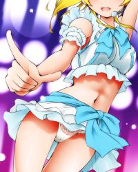 Rule 34 | 10s, 1girl, :d, arm garter, ayase eli, blonde hair, blush, bow, breasts, crop top, crop top overhang, dr rex, head out of frame, headset, lace, lace-trimmed panties, lace trim, love live!, love live! school idol festival, love live! school idol project, midriff, miniskirt, navel, open mouth, panties, pantyshot, pointing, ponytail, short hair, skirt, smile, solo, thigh gap, underwear, upskirt, white panties