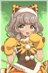 Rule 34 | 1girl, :p, animal ear hairband, animal ears, animal hands, animal print, bow, brown hair, cat ear hairband, cat ears, commentary request, dark-skinned female, dark skin, dress, fake animal ears, fur-trimmed dress, fur collar, fur trim, gloves, green background, hairband, hands up, happy birthday, idol clothes, looking at viewer, mole, mole under mouth, paw gloves, pretty series, pripara, short hair, smile, solo, standing, tabana, taiyo pepper, tongue, tongue out, twitter username, yellow bow, yellow gloves