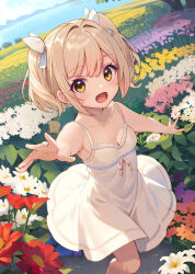 Rule 34 | 1girl, 2others, bare shoulders, breasts, collarbone, day, dot nose, dress, female focus, field, flower, flower field, looking at viewer, medium hair, mountain, multiple others, open mouth, original, outdoors, rebunxx, scenery, small breasts, solo, tree, water, white dress, yellow eyes
