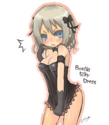 Rule 34 | 1girl, ^^^, arm strap, player character (mabinogi), bad id, bad pixiv id, bare shoulders, blue eyes, blush, bow, breasts, cleavage, clothes pull, detached collar, embarrassed, gloves, grey hair, hair bow, looking at viewer, mabinogi, miyamae porin, open mouth, shirt pull, short hair, solo, white background