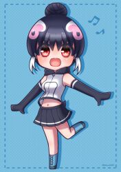 Rule 34 | 1girl, african penguin (kemono friends), bare shoulders, black hair, blue background, boots, elbow gloves, gloves, highres, hikarikmy, hood, hoodie, kemono friends, kemono friends v project, long hair, looking at viewer, multicolored hair, navel, open mouth, penguin girl, penguin tail, pink hair, red eyes, simple background, skirt, solo, tail, virtual youtuber, white hair