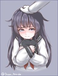 Rule 34 | 1girl, admiral (kancolle), akatsuki (kancolle), black border, black hat, black sailor collar, blue background, blush, border, closed mouth, commentary, disco brando, english commentary, f-ism, gloves, hand on another&#039;s head, hat, headpat, kantai collection, long hair, long sleeves, looking at viewer, neckerchief, purple eyes, purple hair, red neckerchief, sailor collar, school uniform, serafuku, shirt, sleeves past wrists, solo focus, tears, twitter username, unworn hat, unworn headwear, upper body, white gloves, white shirt