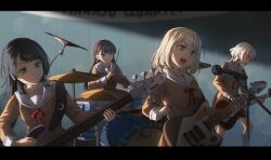 4girls absurdres bang_dream! bang_dream!_it&#039;s_mygo!!!!! black_hair blonde_hair brown_dress brown_hair closed_mouth commentary dress drumsticks electric_bass_guitar electric_guitar english_commentary guitar hanasakigawa_school_uniform highres holding holding_drumsticks holding_guitar holding_instrument holding_plectrum instrument kaname_raana letterboxed long_hair long_sleeves medium_hair misumi_uika mole mole_under_eye multiple_girls music open_mouth pearl_drums playing_bass_guitar playing_guitar playing_instrument plectrum purple_eyes raito_taisha sailor_collar sailor_dress school_uniform shiina_taki short_hair teeth upper_teeth_only white_hair white_sailor_collar yahata_umiri yellow_eyes