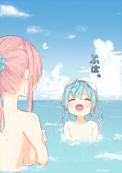 Rule 34 | 1boy, 1girl, backboob, blue hair, breasts, closed eyes, covering breasts, covering privates, from behind, nei (os), open mouth, original, os (os fresa), partially submerged, pink hair, pointy ears, ponytail, scrunchie, souta (os), unworn bikini top, water, wet