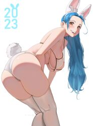 Rule 34 | 1girl, 2023, absurdres, animal ear fluff, aqua hair, ass, bent over, from behind, highres, huge ass, joy boy, long hair, looking back, nefertari vivi, one piece, open mouth, rabbit ears, rabbit tail, smile, solo, thighhighs, thighs, yellow eyes