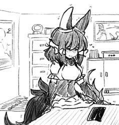 Rule 34 | 1girl, animal ears, apron, blush, book, bow, cabinet, clenched teeth, closed eyes, crotch rub, elbow gloves, feathers, fingerless gloves, gloves, greyscale, hair between eyes, hair bow, imageboard desourced, indoors, kikimora (monster girl encyclopedia), latenight, long hair, maid apron, masturbation, monochrome, monster girl, monster girl encyclopedia, non-web source, painting (object), parted lips, photo (object), proto kikimora (monster girl encyclopedia), puffy short sleeves, puffy sleeves, short hair, short sleeves, sketch, solo, standing, sweat, table, table humping, tail, teeth, trembling