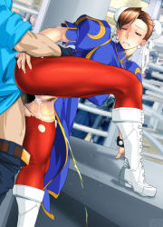 Rule 34 | 1boy, 1girl, absurdres, anal, ass, ass grab, bent over, blush, boots, bracelet, breasts, brown eyes, brown hair, capcom, censored, china dress, chinese clothes, chun-li, clothed sex, clothes pull, covered erect nipples, cum, cum in pussy, double bun, dress, earrings, feet, hetero, highres, jewelry, large breasts, legs, looking back, mosaic censoring, no panties, one eye closed, pants, pants pull, pantyhose, parted lips, peeing, penis, pubic hair, puffy nipples, puffy sleeves, pussy, qkat (arikawa-dou), sex, solo focus, spiked bracelet, spikes, standing, street fighter, thighs, torn clothes