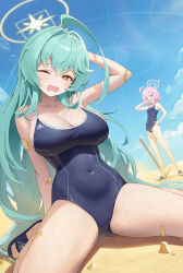 Rule 34 | 2girls, absurdres, abydos high school swimsuit, ahoge, aqua hair, arm up, armpits, bandaid, bandaid on arm, bandaid on thigh, bare shoulders, blonde hair, blue archive, blue eyes, blue sky, blush, breasts, cleavage, collarbone, competition school swimsuit, covered navel, day, desert, dkxlek, double-parted bangs, drooling, full body, halo, heterochromia, highres, hoshino (blue archive), hoshino (young) (blue archive), huge ahoge, large breasts, long hair, looking at viewer, mouth drool, multiple girls, one eye closed, open mouth, outdoors, pickaxe, pink hair, school swimsuit, shading eyes, short hair, sitting, sky, small breasts, spread legs, standing, sunlight, sweat, swimsuit, too many bandaids, yellow eyes, yellow halo, yume (blue archive)