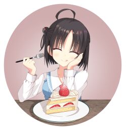 Rule 34 | 1girl, :d, absurdres, ahoge, black hair, blue jacket, blush, breasts, cake, cake slice, closed eyes, closed mouth, commentary, elbows on table, eyes visible through hair, food, fork, fruit, hair bun, hand on own cheek, hand on own face, head tilt, highres, hitachi mako, holding, holding fork, jacket, kaon zz, large breasts, lips, long sleeves, open mouth, parted bangs, plate, pov, round image, senren banka, shirt, short hair, sidelocks, simple background, smile, solo, strawberry, tongue, tongue out, white background, white shirt, yuzu-soft
