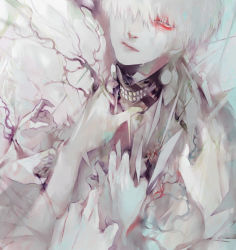 Rule 34 | 1boy, commentary request, grabbing, grey background, hair over one eye, highres, kaneki ken, koujima shikasa, looking at viewer, male focus, mask, unworn mask, mouth mask, multicolored background, multiple others, pale skin, red eyes, short hair, solo focus, tears, teeth print, tokyo ghoul, upper body, white hair